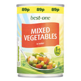 Can of Best One Mixed Vegetables in Water with Added Sugar and Salt, 300g, priced at 89p. This healthy option is labeled as 1 of your 5 a day.